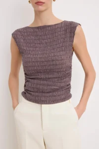 TRENDYOLMİLLA Light Brown Fitted Boat Neck Sleeveless Shirred textured Knitting Blouse - Image 3