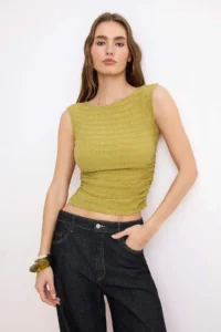 TRENDYOLMİLLA Oil Green Fitted Boat Neck Sleeveless Shirred textured Knitting Blouse - Image 2