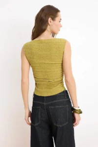 TRENDYOLMİLLA Oil Green Fitted Boat Neck Sleeveless Shirred textured Knitting Blouse - Image 4
