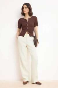 TRENDYOLMİLLA Brown Fitted buttoned Short Sleeve textured Knitting Blouse - Image 2