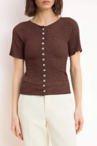 TRENDYOLMİLLA Brown Fitted buttoned Short Sleeve textured Knitting Blouse - Image 3