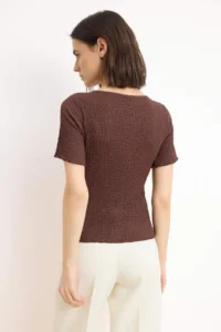 TRENDYOLMİLLA Brown Fitted buttoned Short Sleeve textured Knitting Blouse - Image 4