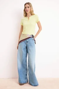 TRENDYOLMİLLA Yellow Fitted Short Sleeve Report Knitting Blouse - Image 2