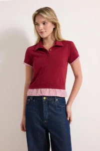 TRENDYOLMİLLA Burgundy Regular/Normal Pattern Polo Shirt Collar Weaving Detailed Tok 100% Cotton Knitting Blouse - Image 2