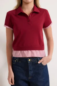 TRENDYOLMİLLA Burgundy Regular/Normal Pattern Polo Shirt Collar Weaving Detailed Tok 100% Cotton Knitting Blouse - Image 3