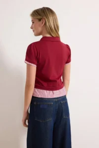 TRENDYOLMİLLA Burgundy Regular/Normal Pattern Polo Shirt Collar Weaving Detailed Tok 100% Cotton Knitting Blouse - Image 4