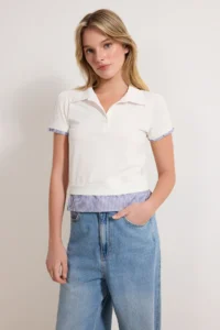 TRENDYOLMİLLA Ecru Regular/Normal Pattern Polo Shirt Collar Weaving Detailed Tok 100% Cotton Knitting Blouse