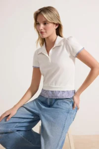 TRENDYOLMİLLA Ecru Regular/Normal Pattern Polo Shirt Collar Weaving Detailed Tok 100% Cotton Knitting Blouse - Image 2