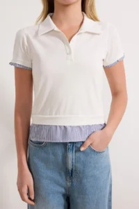 TRENDYOLMİLLA Ecru Regular/Normal Pattern Polo Shirt Collar Weaving Detailed Tok 100% Cotton Knitting Blouse - Image 3