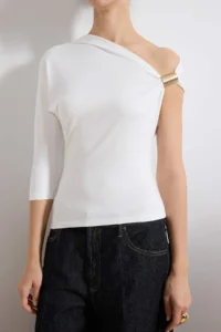 TRENDYOLMİLLA Ecru Fitted Asymmetric Collar Three Quarter Accessory Detailed Flexible Knitting Blouse - Image 3