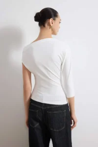 TRENDYOLMİLLA Ecru Fitted Asymmetric Collar Three Quarter Accessory Detailed Flexible Knitting Blouse - Image 4
