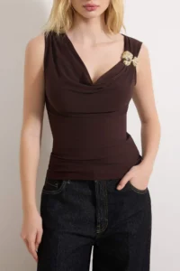 TRENDYOLMİLLA Brown Fitted Off-Shoulder Neck Accessory Detailed Flexible Knitting Blouse - Image 3