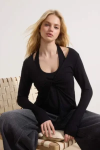 TRENDYOLMİLLA Black Fitted V-neck Long Sleeve Soft Knitting Blouse - Image 2
