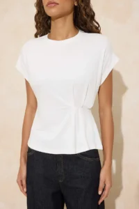 TRENDYOLMİLLA Ecru relaxed/Rahat Pattern Boat Neck Shirred Soft Knitting T-Shirt - Image 3