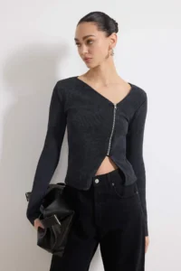 TRENDYOLMİLLA Anthracite Fitted Asymmetric Yaka Zippered Antique/Faded Effect Flexible Knitting Blouse
