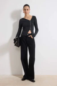 TRENDYOLMİLLA Anthracite Fitted Asymmetric Yaka Zippered Antique/Faded Effect Flexible Knitting Blouse - Image 2