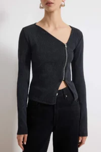 TRENDYOLMİLLA Anthracite Fitted Asymmetric Yaka Zippered Antique/Faded Effect Flexible Knitting Blouse - Image 3