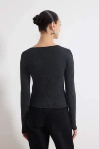 TRENDYOLMİLLA Anthracite Fitted Asymmetric Yaka Zippered Antique/Faded Effect Flexible Knitting Blouse - Image 4