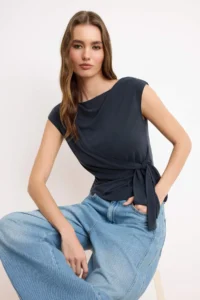 TRENDYOLMİLLA Anthracite Fitted Double breasted Boat Neck Binding Detailed Modal Knitting Blouse - Image 2