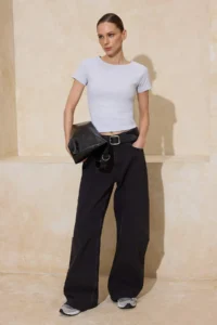 TRENDYOLMİLLA Gray Melange Fitted Boat Neck Short Sleeve Crop Cotton Rib Knitting Blouse - Image 2