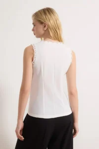 TRENDYOLMİLLA Ecru Fitted V-neck buttoned Lace Detailed Scuba Crepe Knitting Blouse - Image 4