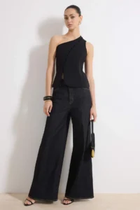 TRENDYOLMİLLA Black Fitted Asymmetric Collar Sleeveless buttoned Scuba Crepe Knitting Blouse - Image 2