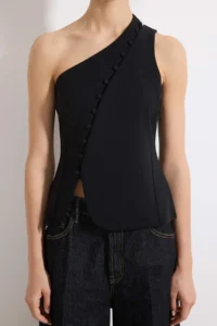 TRENDYOLMİLLA Black Fitted Asymmetric Collar Sleeveless buttoned Scuba Crepe Knitting Blouse - Image 3