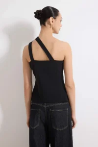 TRENDYOLMİLLA Black Fitted Asymmetric Collar Sleeveless buttoned Scuba Crepe Knitting Blouse - Image 4