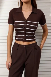 TRENDYOLMİLLA Brown-Stone 2 Sets Paket Striped Basic  Knitwear Thin Blouse - Image 4
