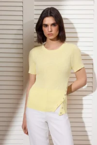 TRENDYOLMİLLA Yellow Crew Neck Asymmetric Button Detailed Fitted Knitwear Thin Blouse - Image 2