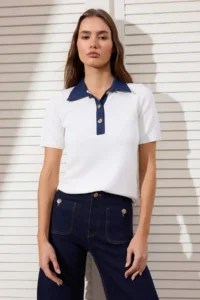 TRENDYOLMİLLA Ecru denim Garnili Polo Shirt Collar Knitwear Blouse