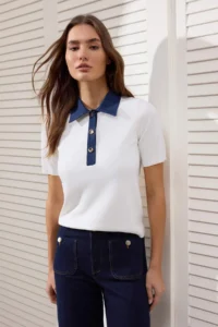 TRENDYOLMİLLA Ecru denim Garnili Polo Shirt Collar Knitwear Blouse - Image 2
