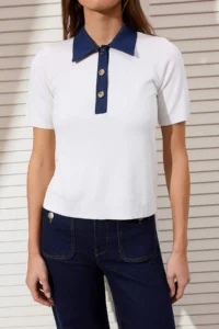 TRENDYOLMİLLA Ecru denim Garnili Polo Shirt Collar Knitwear Blouse - Image 3