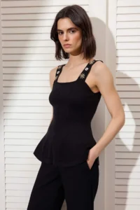 TRENDYOLMİLLA Black Square Neck Stone peplum Knitwear Thin Blouse