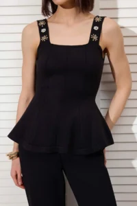 TRENDYOLMİLLA Black Square Neck Stone peplum Knitwear Thin Blouse - Image 3