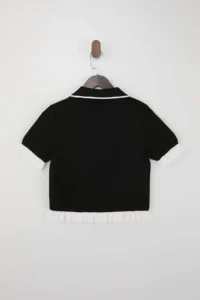 TRENDYOLMİLLA Black Polo Shirt Collar Flywheel Detailed Crop Color Blocked Knitwear Thin Blouse - Image 7