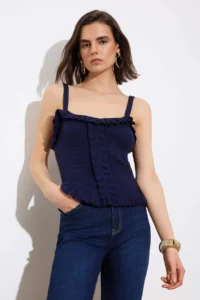 TRENDYOLMİLLA Navy Blue Cowl Neck Bodysuit hugging Crop Knitwear Thin Blouse