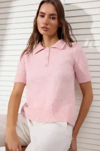 TRENDYOLMİLLA Pink Polo Shirt Collar Soft textured Stone Button Detailed Knitwear Blouse - Image 2