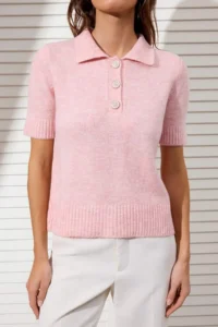 TRENDYOLMİLLA Pink Polo Shirt Collar Soft textured Stone Button Detailed Knitwear Blouse - Image 3