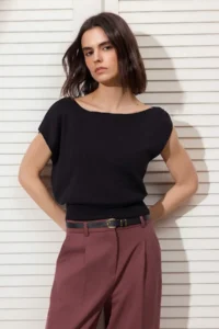 TRENDYOLMİLLA Black Summer Special Yarn Boat Neck Waisted Knitwear Blouse - Image 2
