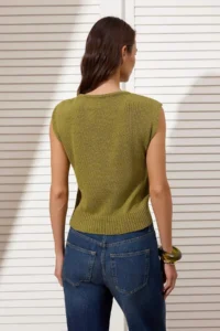 TRENDYOLMİLLA Limited Edition Oil Green Asymmetric Collar Accessory Detailed Knitwear Thin Blouse - Image 4