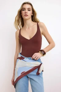 TRENDYOLMİLLA Brown Geometric pattern Suitable for Different Uses Satin Shawl Blouse - Image 3