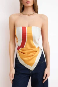 TRENDYOLMİLLA Orange Geometric pattern Suitable for Different Uses Satin Shawl Blouse - Image 2