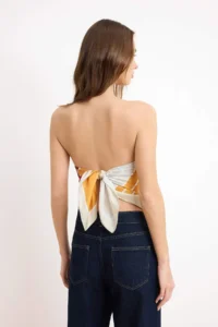 TRENDYOLMİLLA Orange Geometric pattern Suitable for Different Uses Satin Shawl Blouse - Image 3