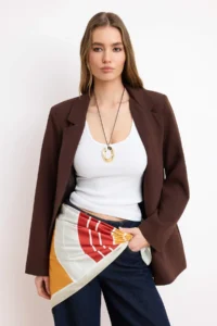 TRENDYOLMİLLA Orange Geometric pattern Suitable for Different Uses Satin Shawl Blouse - Image 4