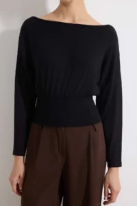 TRENDYOLMİLLA Black Fitted Boat Neck Long Sleeve Soft Knitting Blouse - Image 3