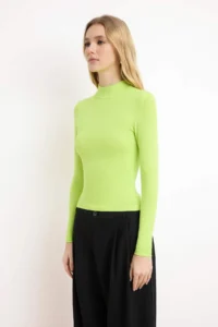 TRENDYOLMİLLA Peanut Green Dog collar Plain Long Sleeve Flexible Knitting Blouse - Image 3