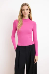 TRENDYOLMİLLA Fuchsia Dog collar Plain Long Sleeve Flexible Knitting Blouse
