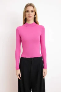 TRENDYOLMİLLA Fuchsia Dog collar Plain Long Sleeve Flexible Knitting Blouse - Image 2