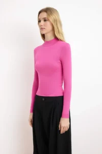 TRENDYOLMİLLA Fuchsia Dog collar Plain Long Sleeve Flexible Knitting Blouse - Image 3